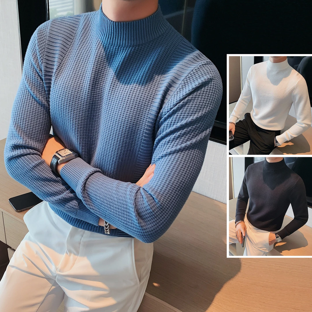 半高领毛衣男款爆款2025新款秋冬季潮牌休闲男士华夫格针织打底衫