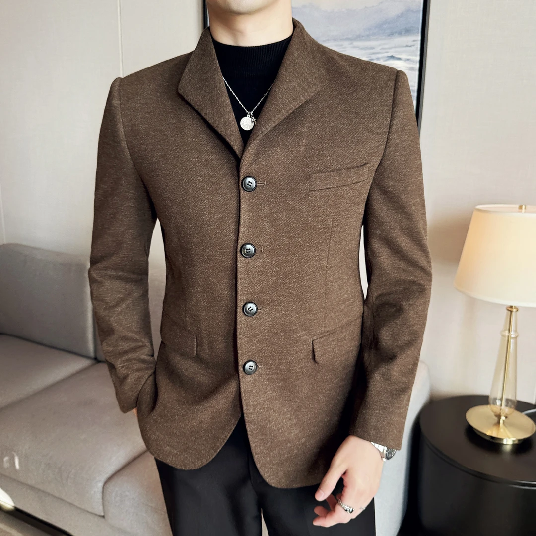 毛呢西装外套男款2024成熟痞帅职场通勤男装燕子领秋冬款呢子西服