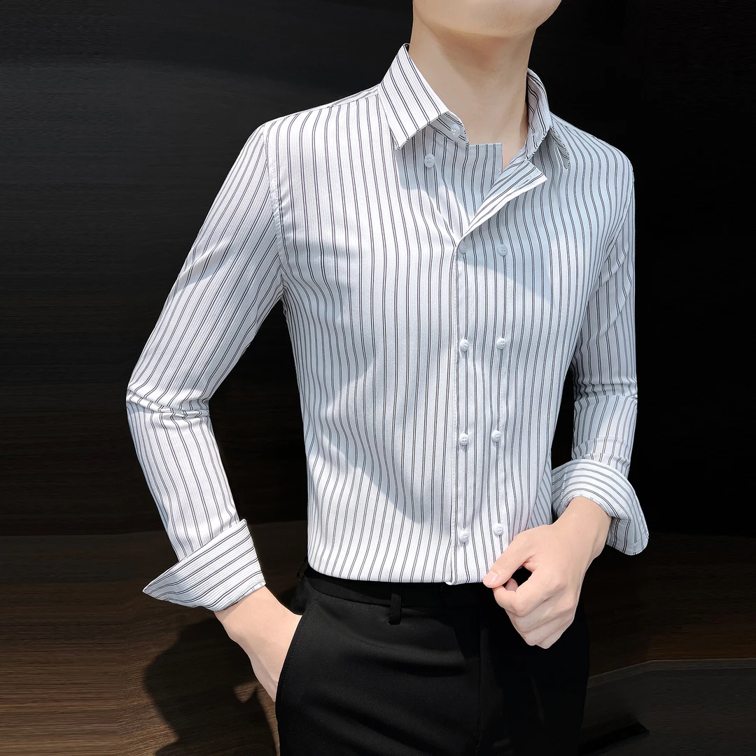 双排扣条纹衬衫男款英伦雅痞风格男装潮牌上衣秋冬款男士衬衣长袖