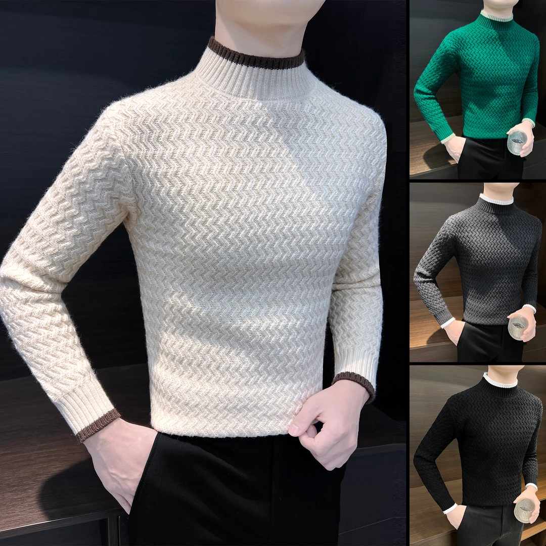 半高领毛衣男秋冬款内搭修身男士毛衫冬季新款中领条纹针织打底衫