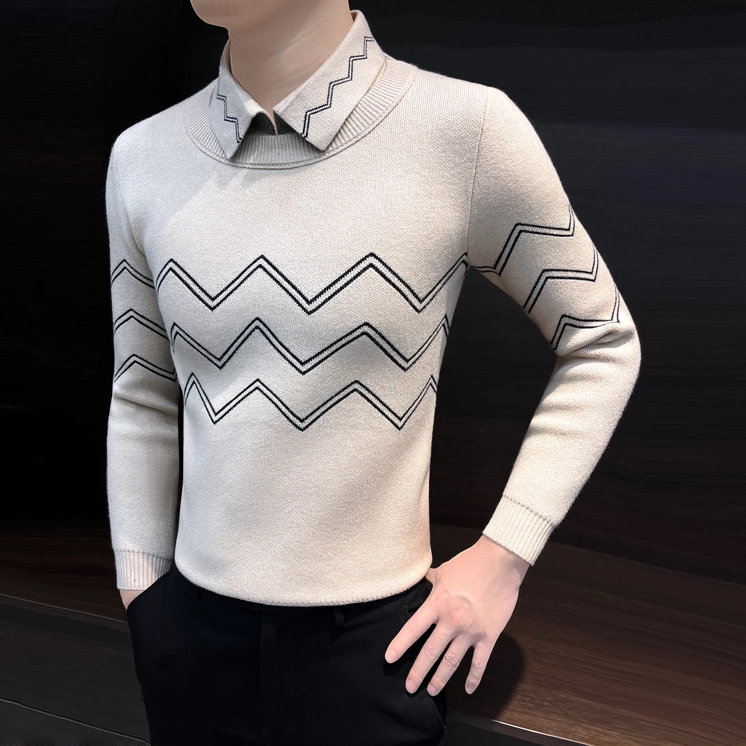 假两件衬衫毛衣男款爆款2025新款春季重磅波纹男士长袖针织打底衫