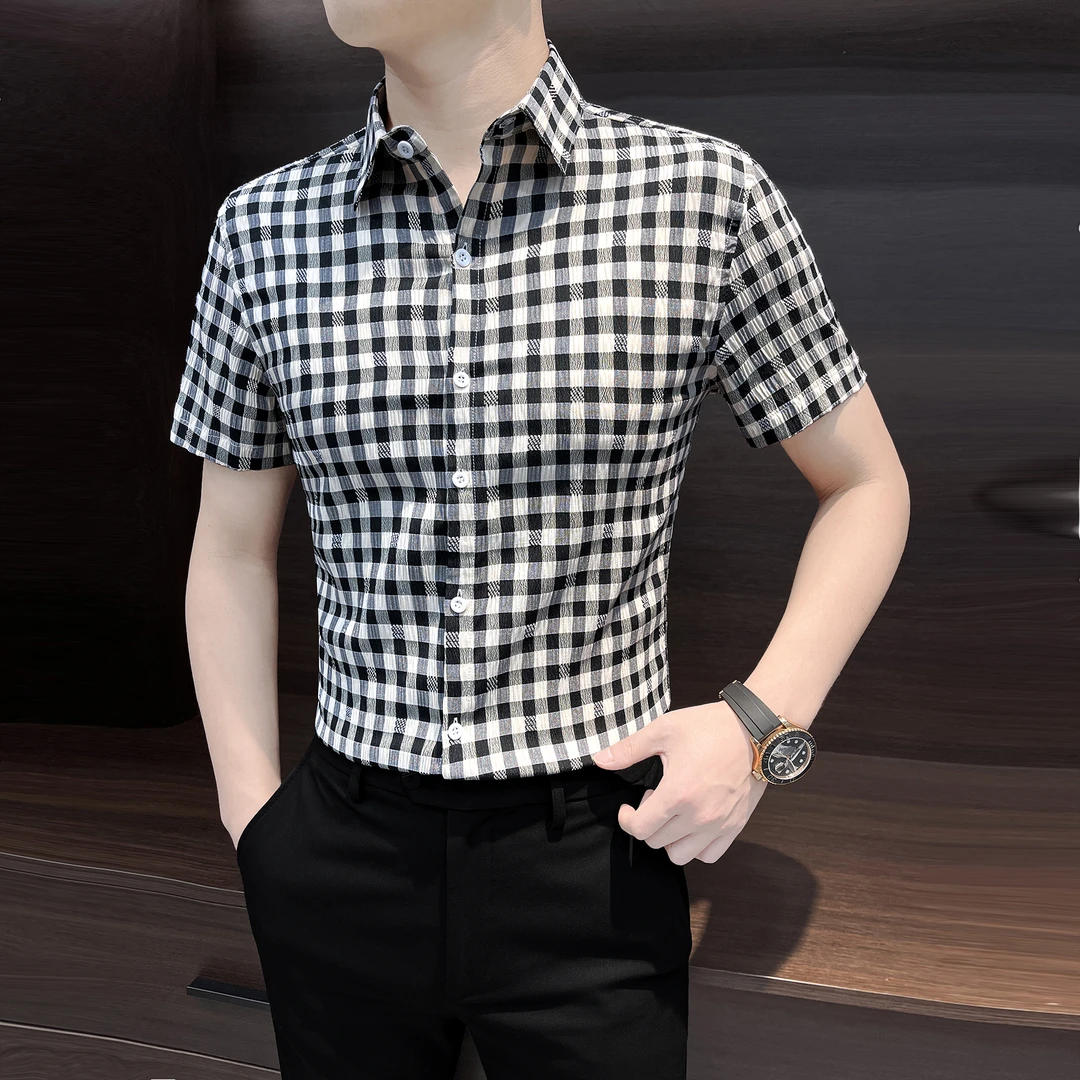 泡泡纱男士短袖衬衫痞帅高级感夏季冰丝薄款休闲半袖男款格子衬衣
