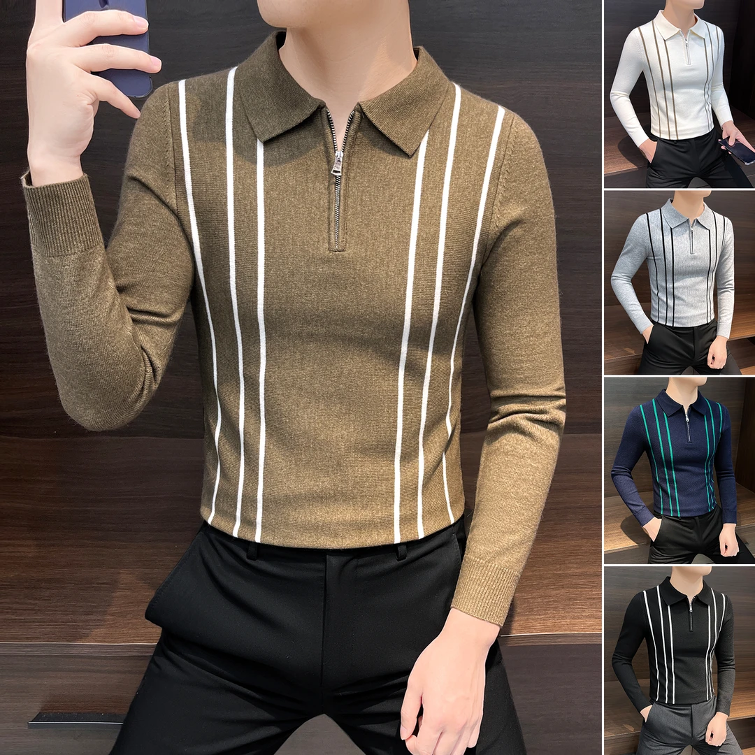 半拉链针织polo衫男款长袖成熟痞帅男装毛衣翻领条纹秋冬款打底衫