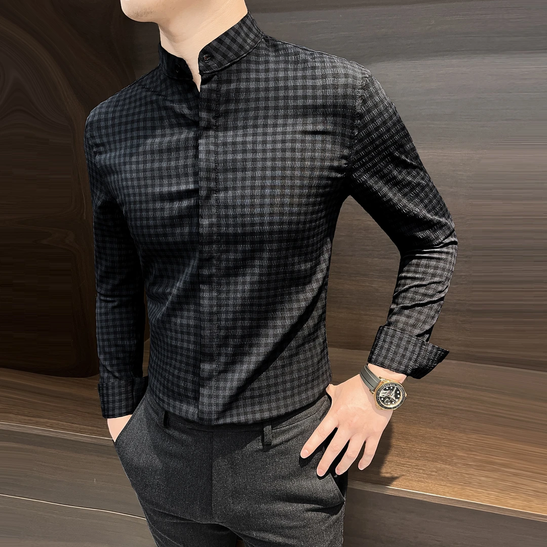 泡泡纱男士衬衫长袖2024新款爆款高级感男装秋冬洋气格子立领衬衣