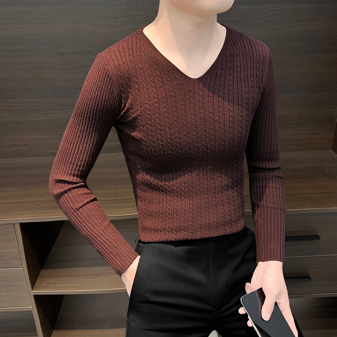 v领t恤男长袖秋冬低领内搭紧身弹力针织打底衫高档鸡心领毛衣男士