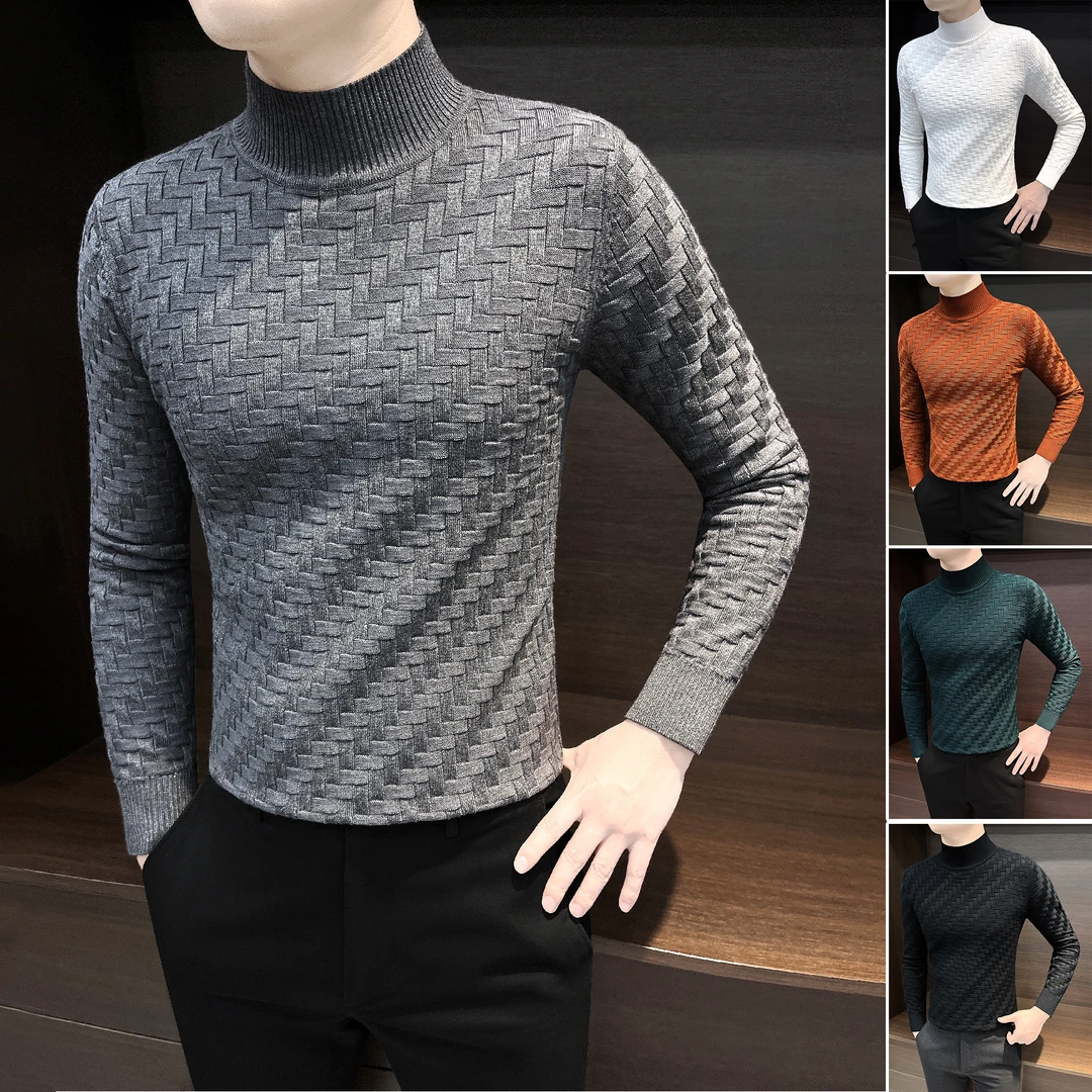 编织格半高领针织男士打底衫春秋季成熟痞帅男装2025流行男款毛衣