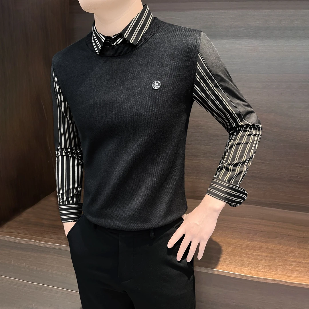 假两件条纹毛衣男款冬季2024痞帅男装洋气时尚爆款内搭针织打底衫