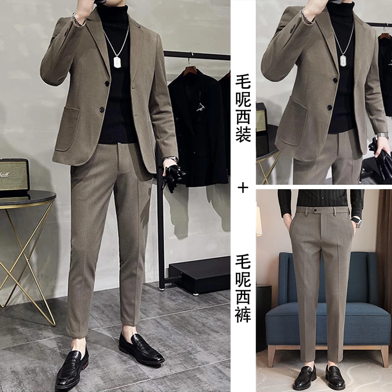 毛呢西装外套男款爆款2025新款男装痞帅一整套呢子休闲西服男套装