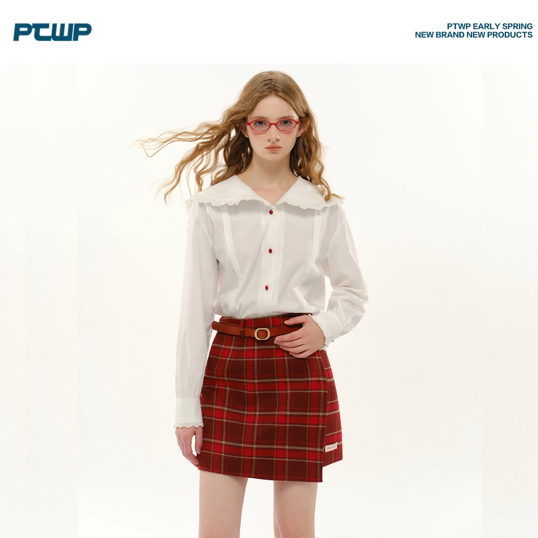 PTWP 英格兰少女 2024秋季新款不规则高腰格子半身裙女显瘦短裙子