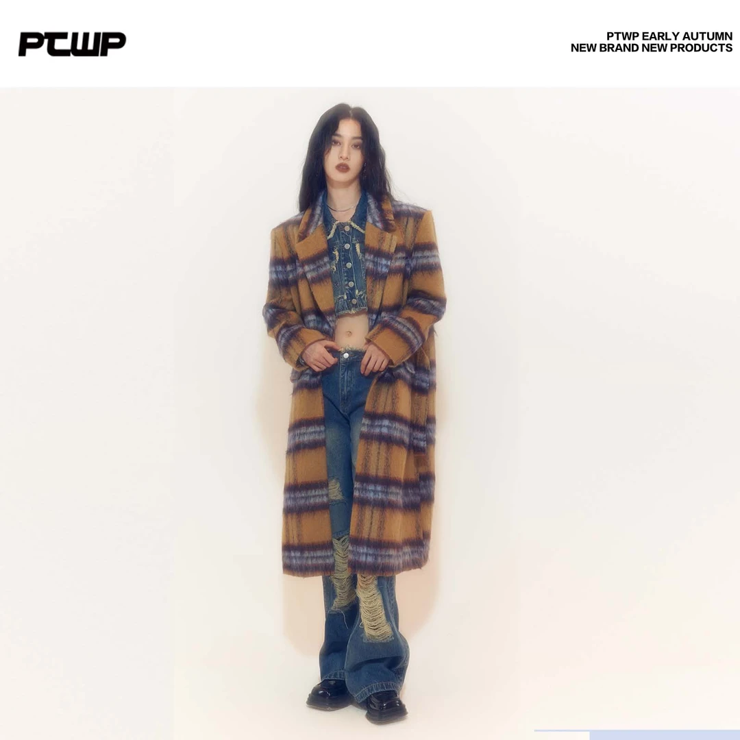 PTWP高级感赫本风长款外套秋冬加厚格子呢子保暖大衣女