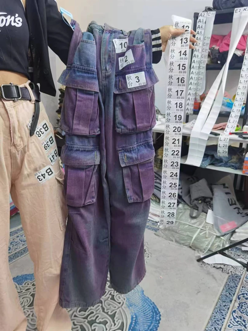 重工大口袋兰紫色喷绘工装裤女牛仔裤阔腿裤