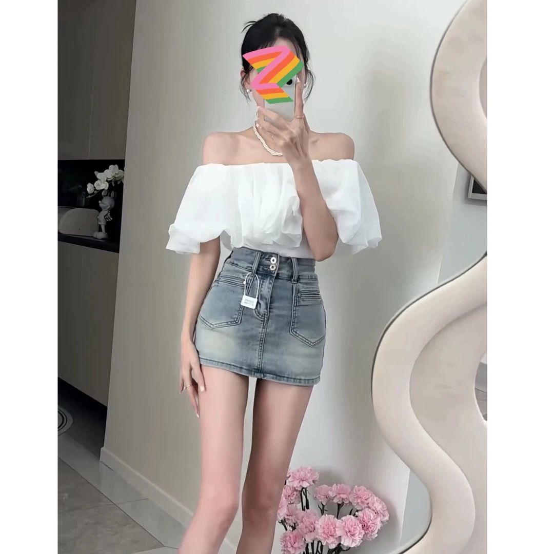 【少量现货】法式时尚设计简约百搭露肩显瘦荷叶边一字肩上衣