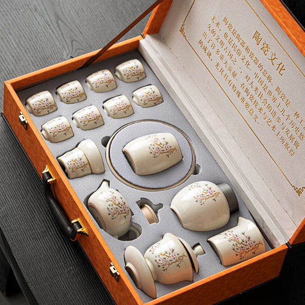 以泥米黄汝窑桃枝秾粉功夫茶具套装办公室轻奢高档泡茶壶盖碗礼盒