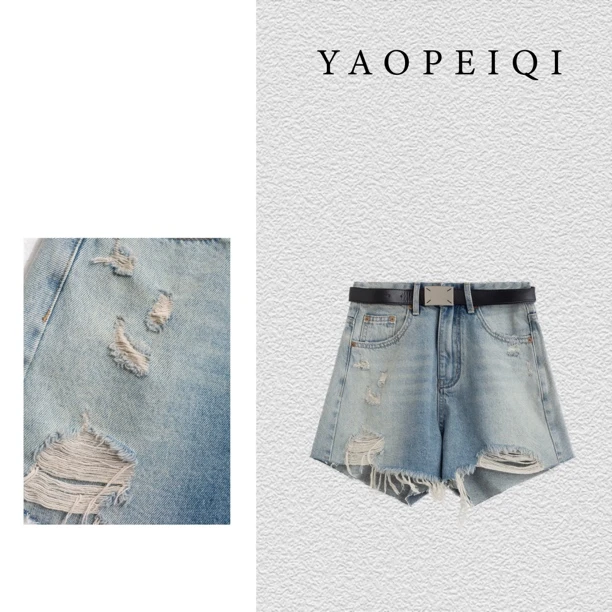 YAOPEIQI 100%棉磨破做旧设计水洗牛仔短裤51726RB