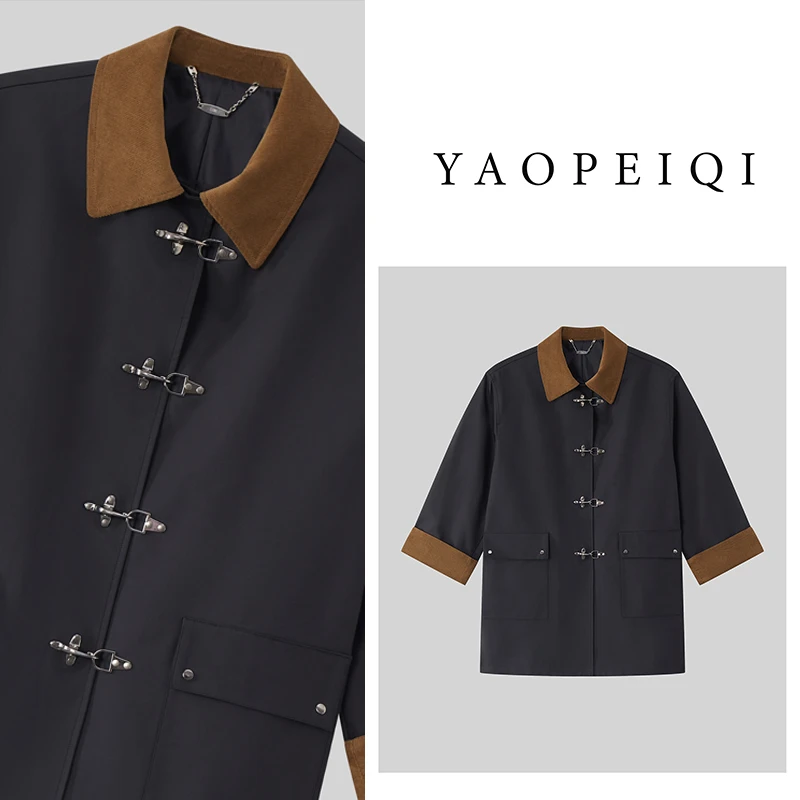 YAOPEIQI 复古质感飞机扣翻领灯芯绒卷边风衣外套81005