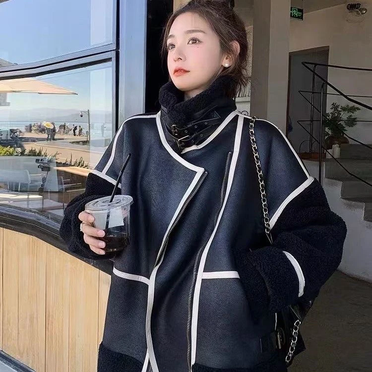 特厚皮毛一体秋冬皮衣绒机车服加厚保暖冬季外套情侣装拼接宽松