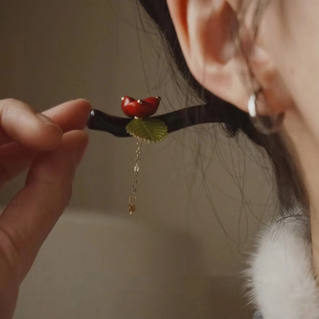 檀木发簪红豆相思中国风复古旗袍盘发簪子气质