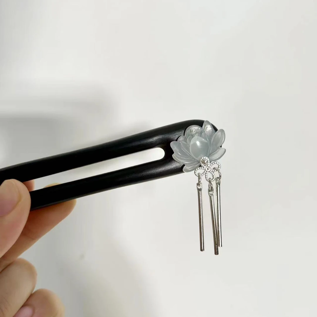 U型檀木发簪双钗莲花中国结流苏复古古典简约日常盘发簪