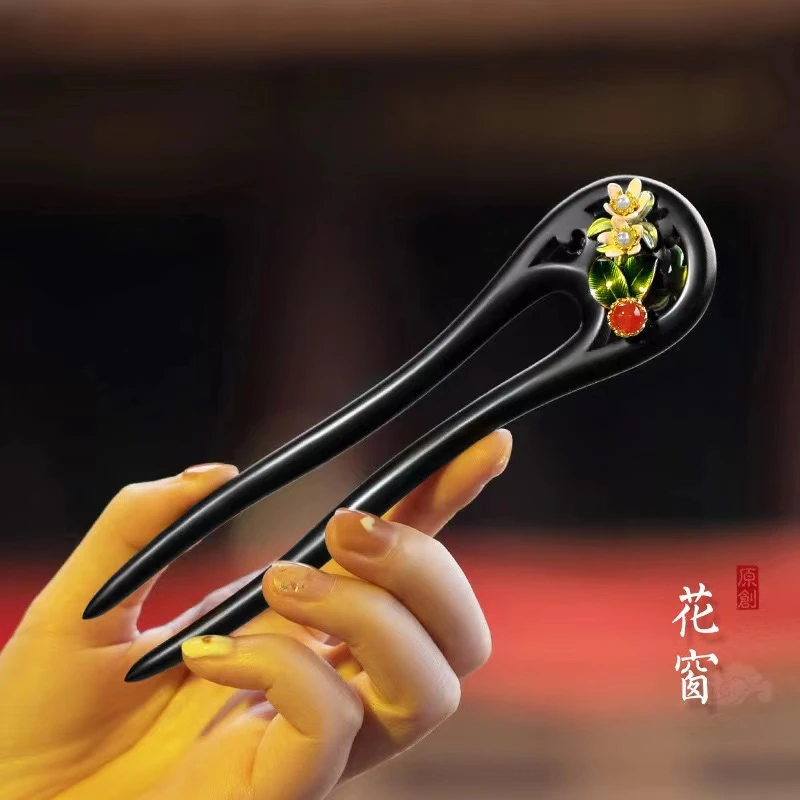 檀木U型发簪花窗双面手工复古古典盘发簪发钗国风