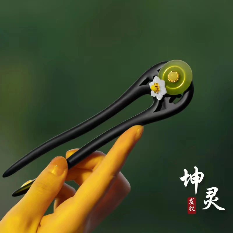 U形檀木发簪坤灵双面复古古典发钗中式日常簪发手工