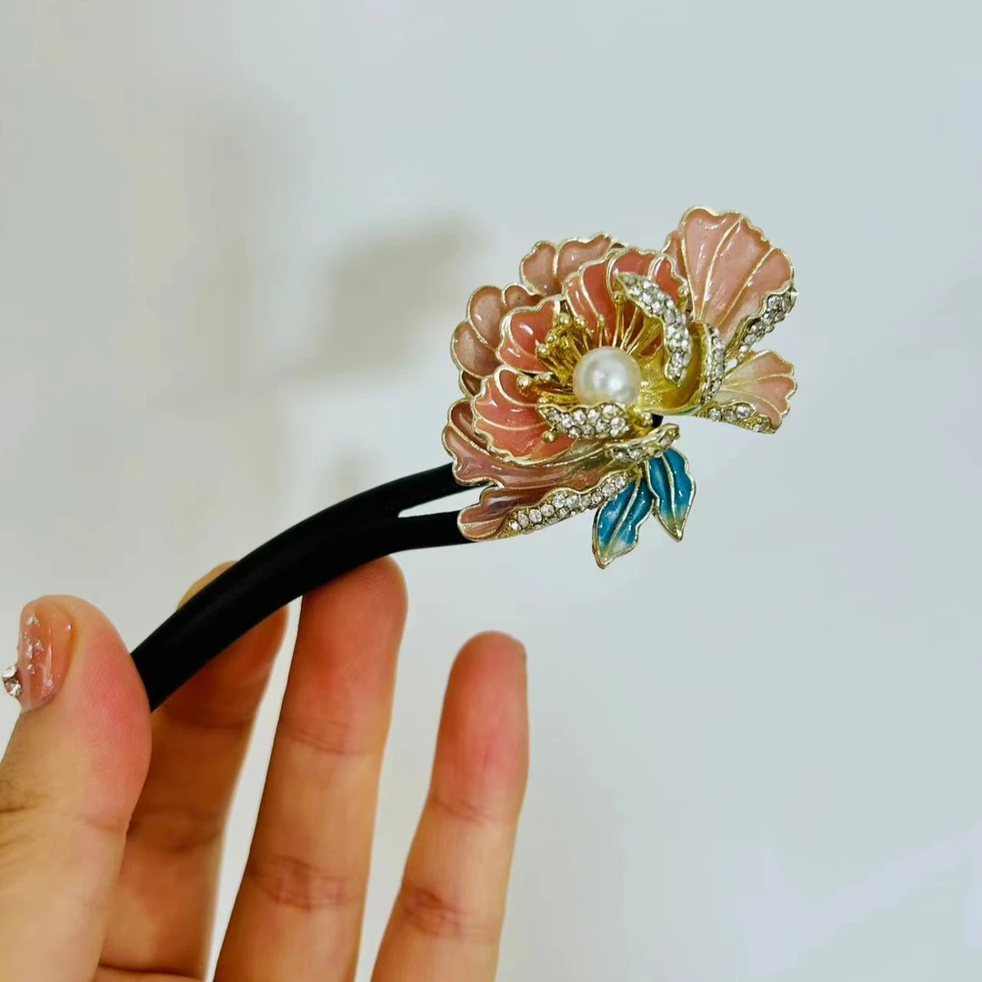 檀木发簪富贵花开大牡丹花气质古典国风大气盘发簪