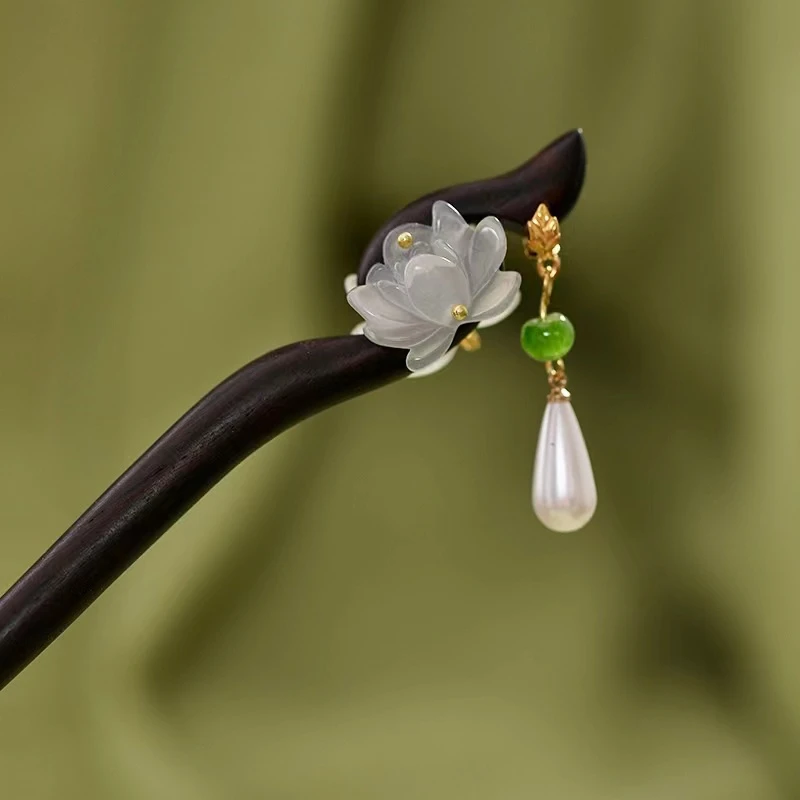 双面檀木发簪冰透莲花流苏日常古典气质复古盘发簪