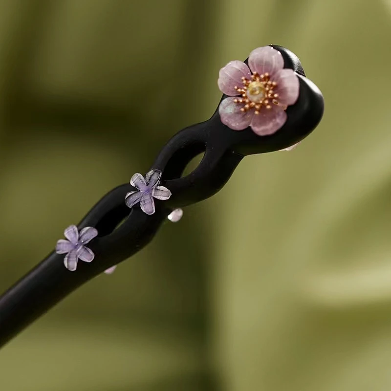 檀木发簪爱心紫色小花日常简约手工气质古典盘发簪