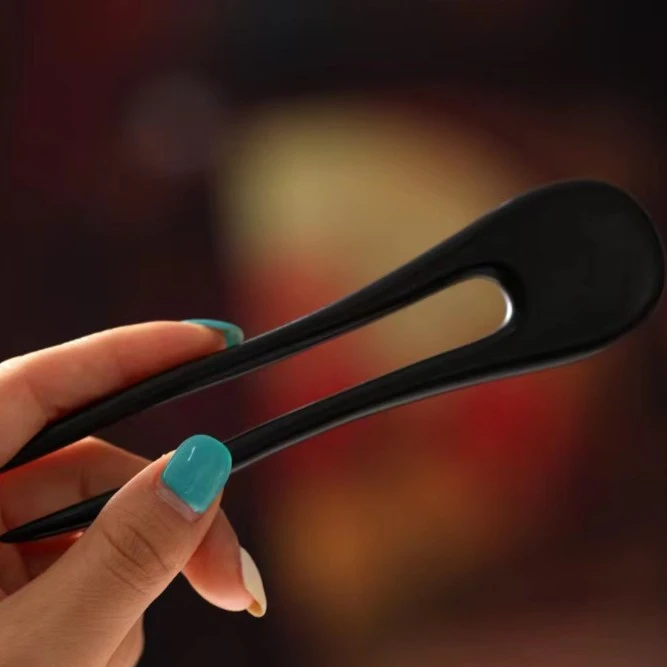 檀木U型双簪日常古典盘发簪简约古风气质木发簪