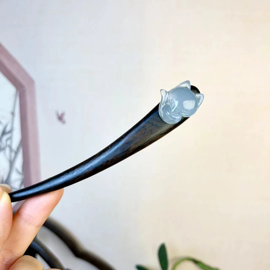 12公分檀木发簪冰狐狸手工发簪短款日常古典中式盘发簪