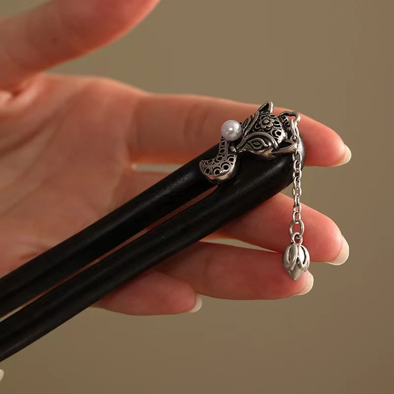 檀木狐狸双钗发簪旗袍国风个性古典发簪子复古手工木发簪