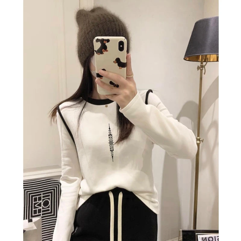 修身打底内搭冬季德绒撞色洋气百搭t恤衫女春秋装套头休闲上衣服