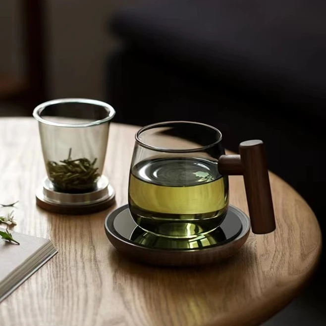 木把手耐热玻璃杯茶水分离办公室木柄三件茶杯日式带盖泡花茶水杯