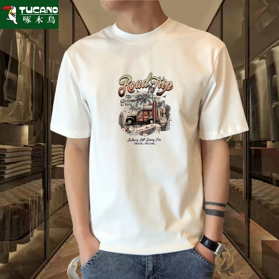 啄木鸟夏季休闲短袖男士T恤ins百搭情侣纯棉打底衫男宽松半袖上衣