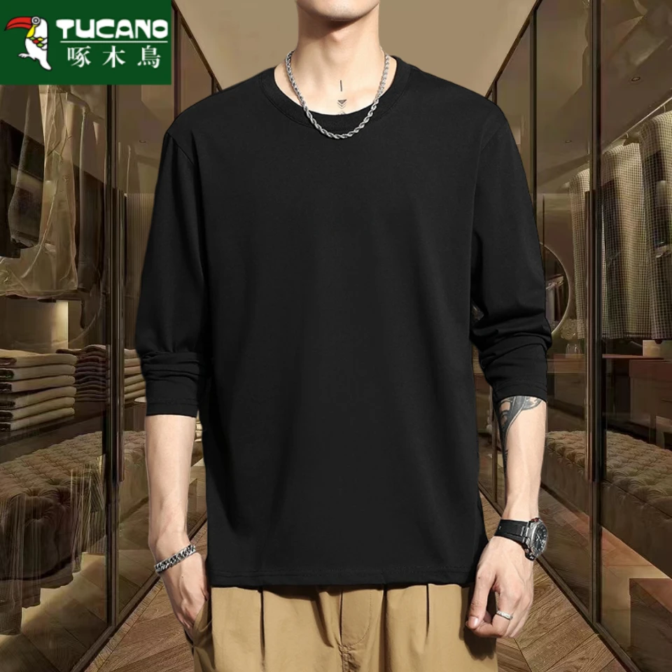 啄木鸟长袖T恤男纯棉春秋休闲宽松内搭黑色新款潮流打底衫上衣男T