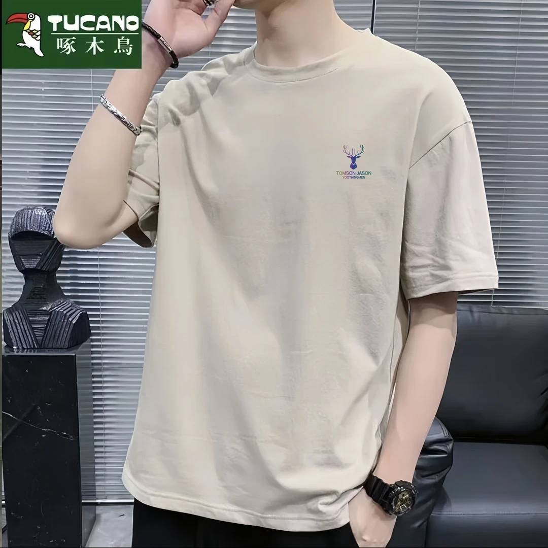 啄木鸟2025重磅纯棉男士宽松百搭T恤重磅圆领上衣打底衫全棉半袖t