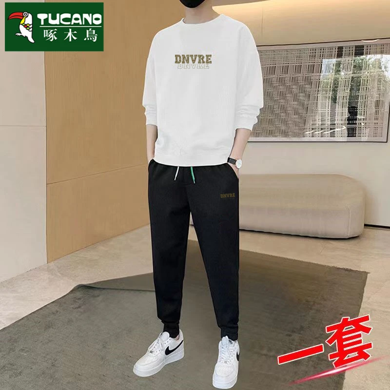 啄木鸟运动服套装男士宽松卫衣搭配潮流新款一整套加绒休闲男套装