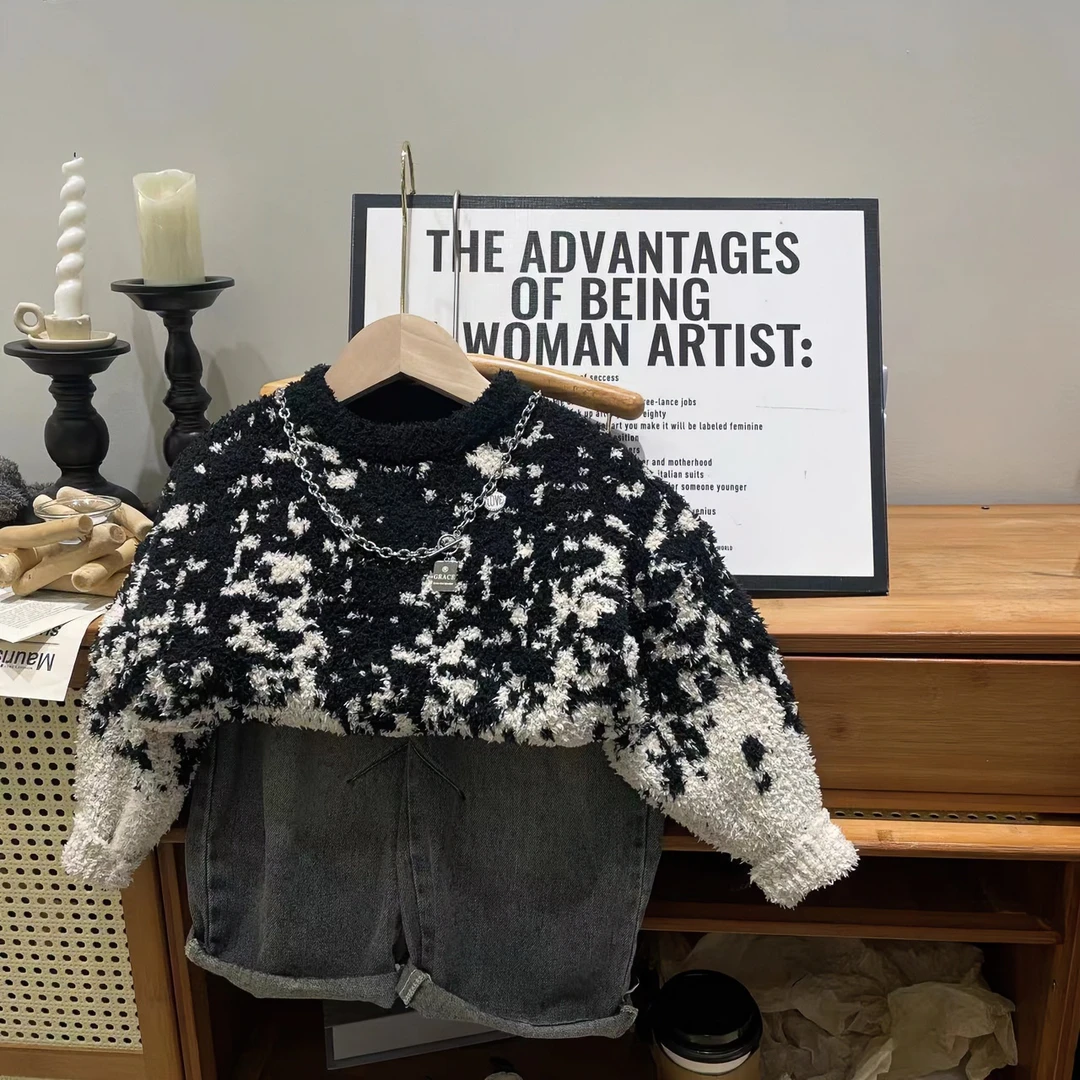 秋冬儿童星空针织黑色毛衣男童毛衣加厚圆领套头保暖韩版时尚洋气