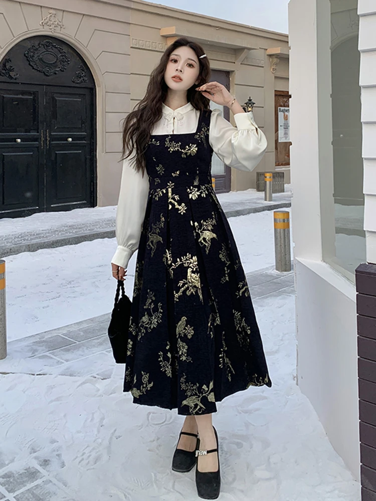 【胖小韵】新中式复古气质假两件收腰微胖MM大码2023新款显瘦连衣裙