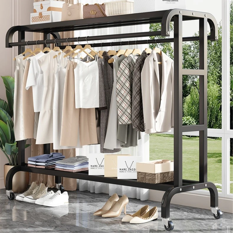 简易晾衣架家用落地可移动晾衣架卧室阳台双杆挂衣服架室内衣帽架