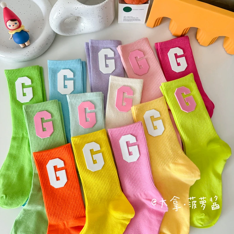 彩色袜子女ins潮春夏中筒袜网红G字母标运动配鲨鱼裤外穿长筒袜