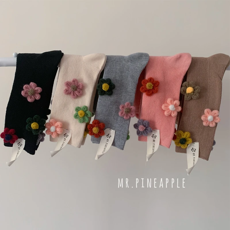 小花袜子女手工毛线立体花朵袜韩版可爱日系中筒袜ins潮秋冬高帮