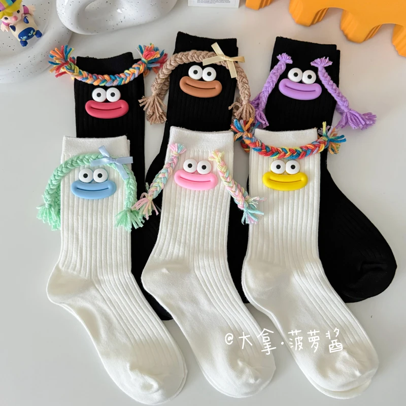 搞怪袜子女ins潮网红丑萌大嘴可爱毛线辫DIY中筒袜配洞洞鞋外穿袜