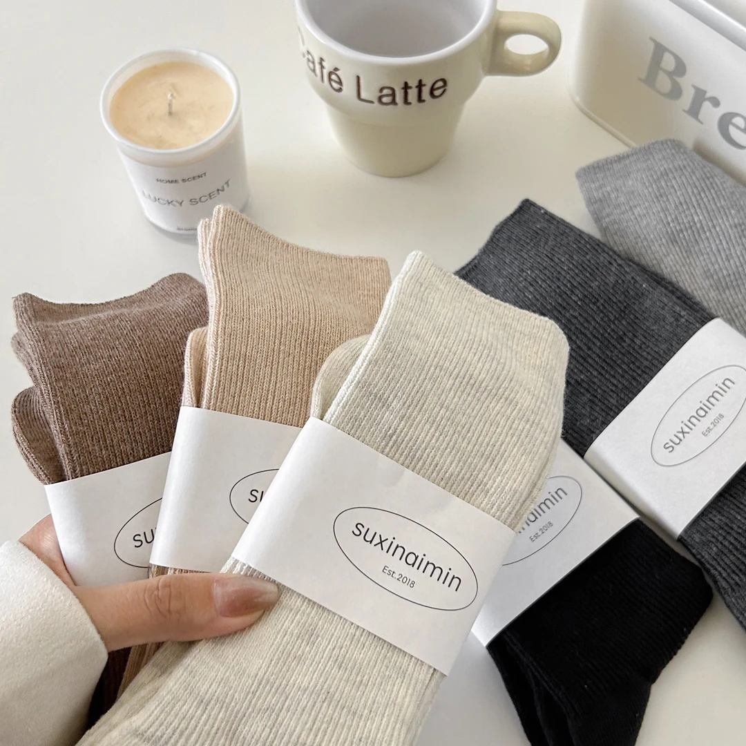 堆堆袜子女中筒袜春秋款纯棉日系ins韩版竖纹显瘦咖色秋冬中长筒