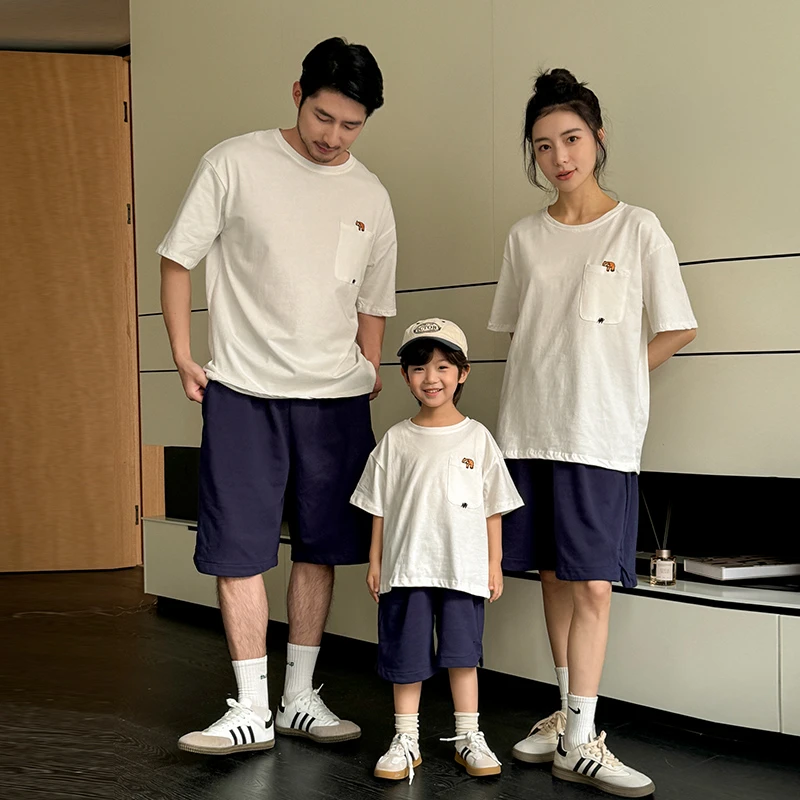 T恤一家三口薄款男士运动短裤纯色时尚亲子圆领纯棉情侣百搭宽松t