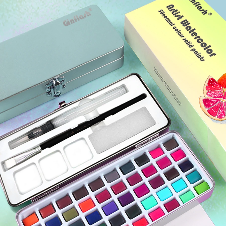 Ginflash50色固体水彩颜料套装学生美术水彩美甲国画颜料浓缩