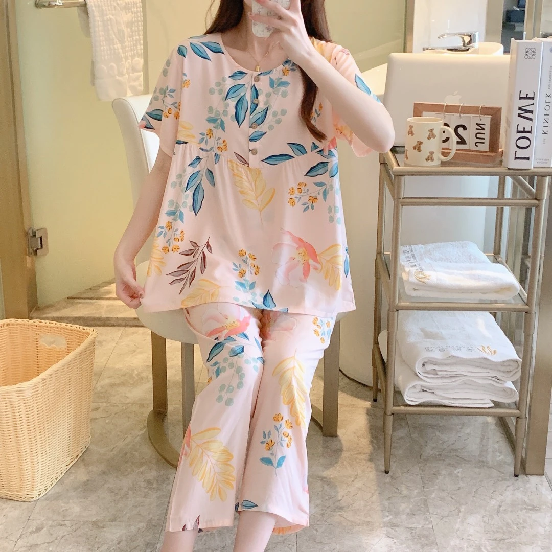 睡衣女夏季绵绸薄款棉透气舒适宽松甜美加大套装家居服大码夏天