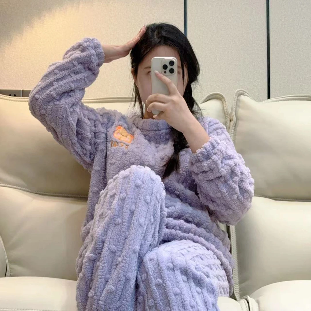 卡通珊瑚绒睡衣女冬季加厚新款法兰绒加绒加厚可外穿家居服套装