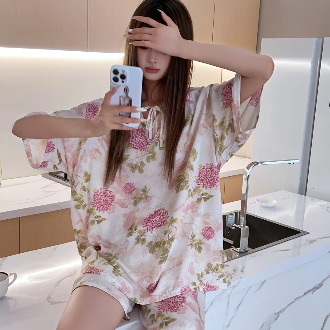 绵绸短袖套装睡衣女春秋大码v领宽松家居服夏季春夏薄款可外穿