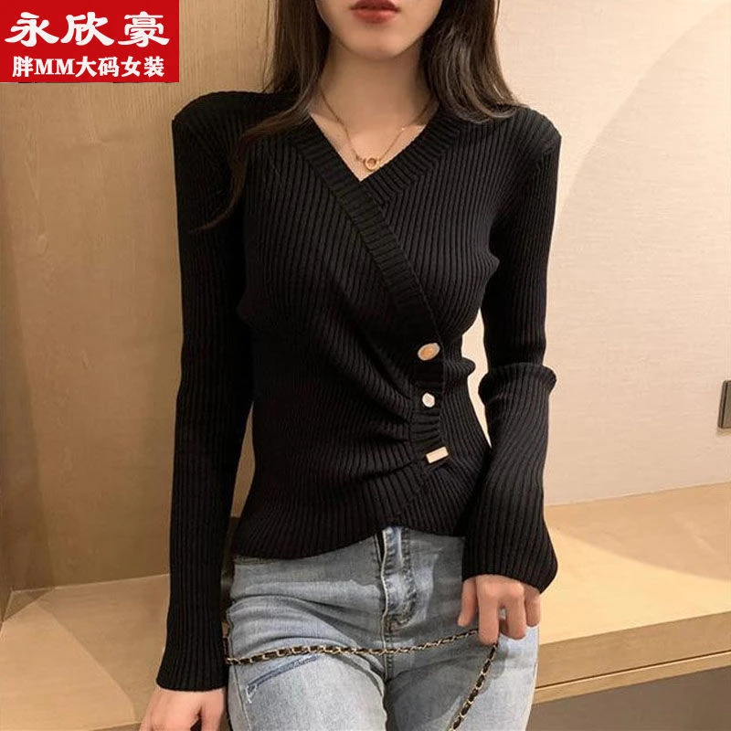 8144秋冬内搭打底衫女超大码新款毛衣修身显瘦洋气v领针织衫上衣