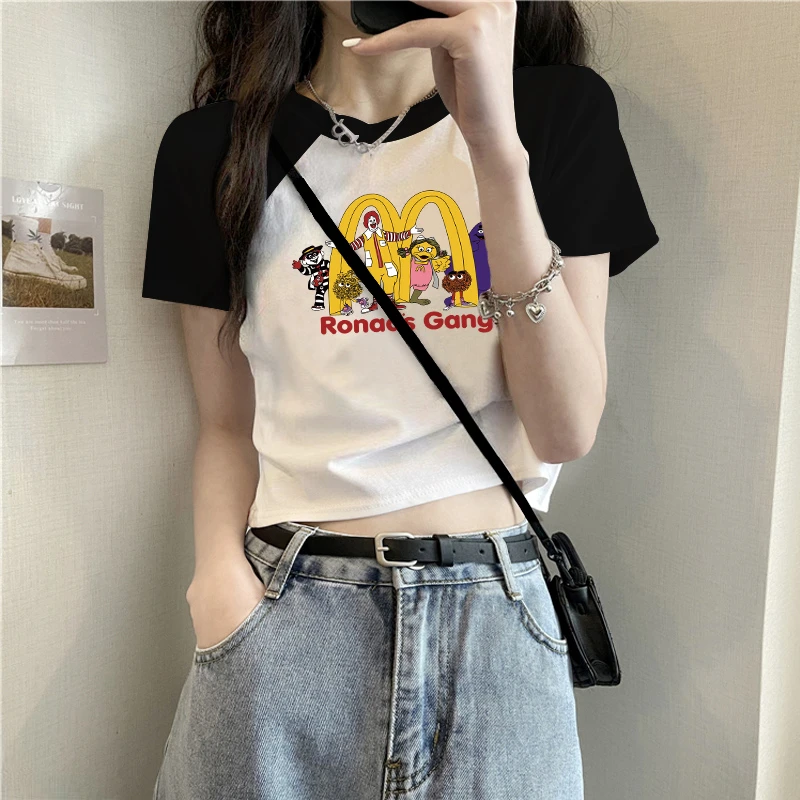 短袖插肩印花T恤女夏季2023年新款修身显瘦拼接撞色短款半袖上衣